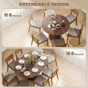 Extendable kitchen table for 6 to 8 people, farmhouse style, with a central pedestal and a walnut finish.