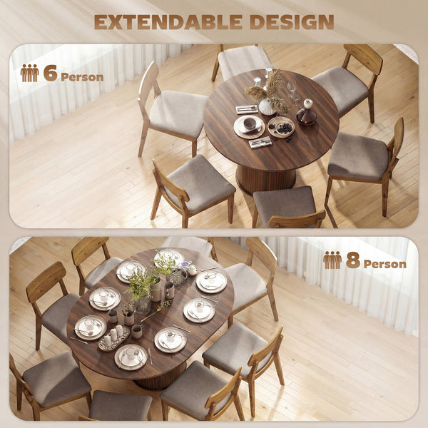 Extendable kitchen table for 6 to 8 people, farmhouse style, with a central pedestal and a walnut finish.