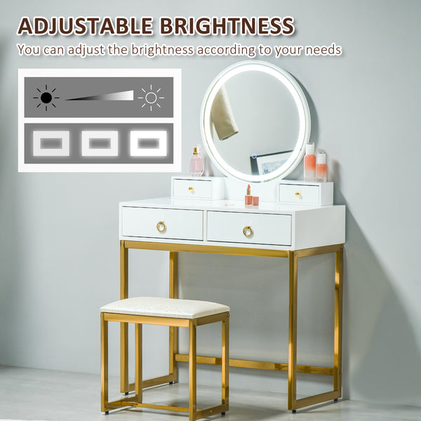 Dressing table with 3-color touch mirror and dimmable lighting, white