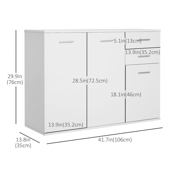 High gloss lacquered buffet, with 2 drawers and 3 doors with adjustable shelf, coffee bar cabinet, white