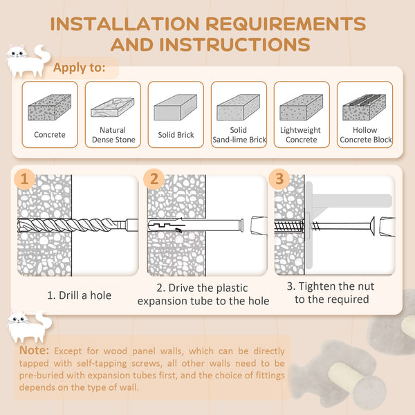 Wall-mounted cat shelves with steps, scratching posts, ladder, platforms and balls