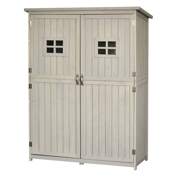 Wooden storage unit with windows and double doors, grey