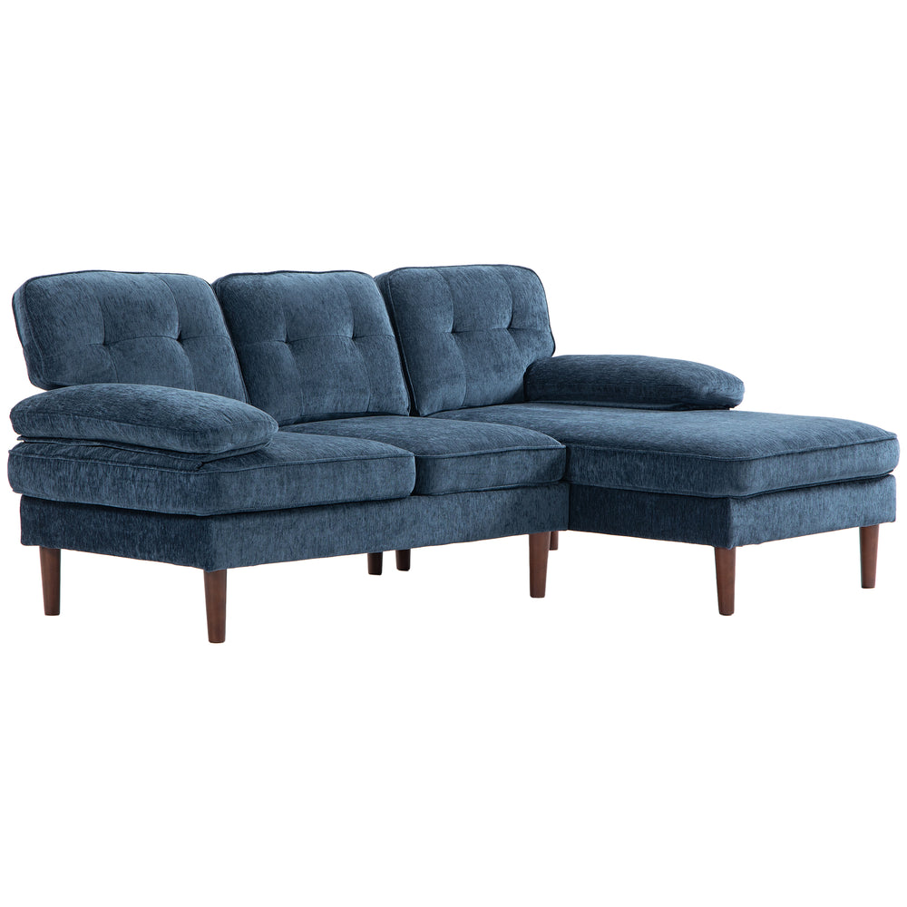 Modern corner sofa with right chaise longue with wooden legs, navy blue
