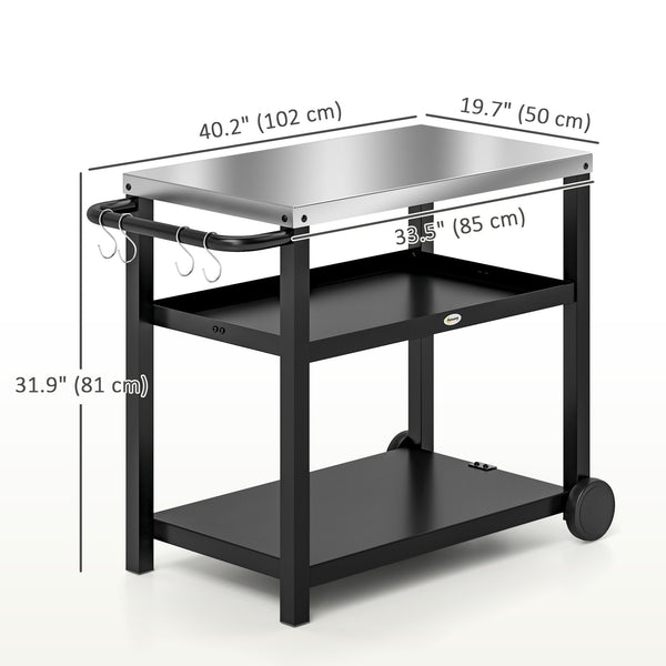 3-shelf stainless steel kitchen trolley with hooks, anthracite grey