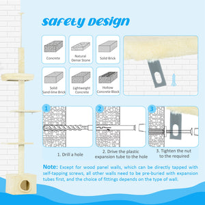 Floor-to-ceiling cat tree with scratching post, house and bed, beige