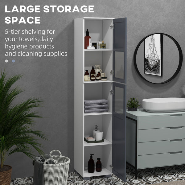 Bathroom storage cabinet with frosted glass doors and 5-tier shelves, white and gray