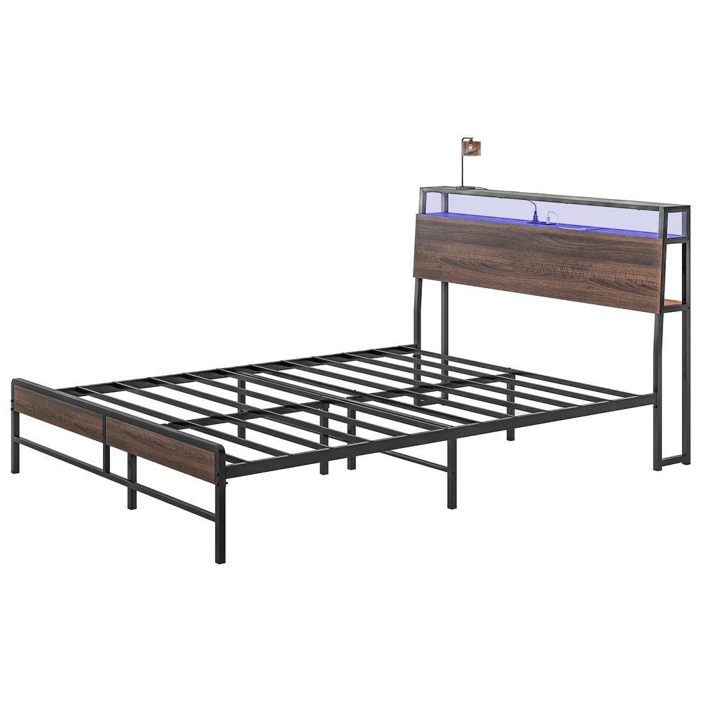 Queen Size Bed Base with LED Lighting and Charging Station, Walnut