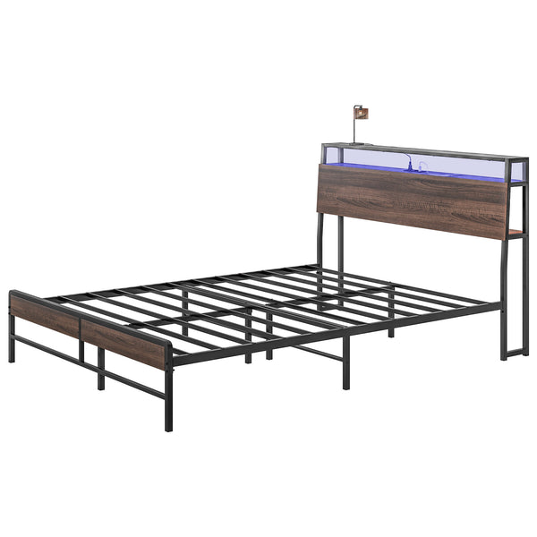 Queen Size Bed Base with LED Lighting and Charging Station, Walnut