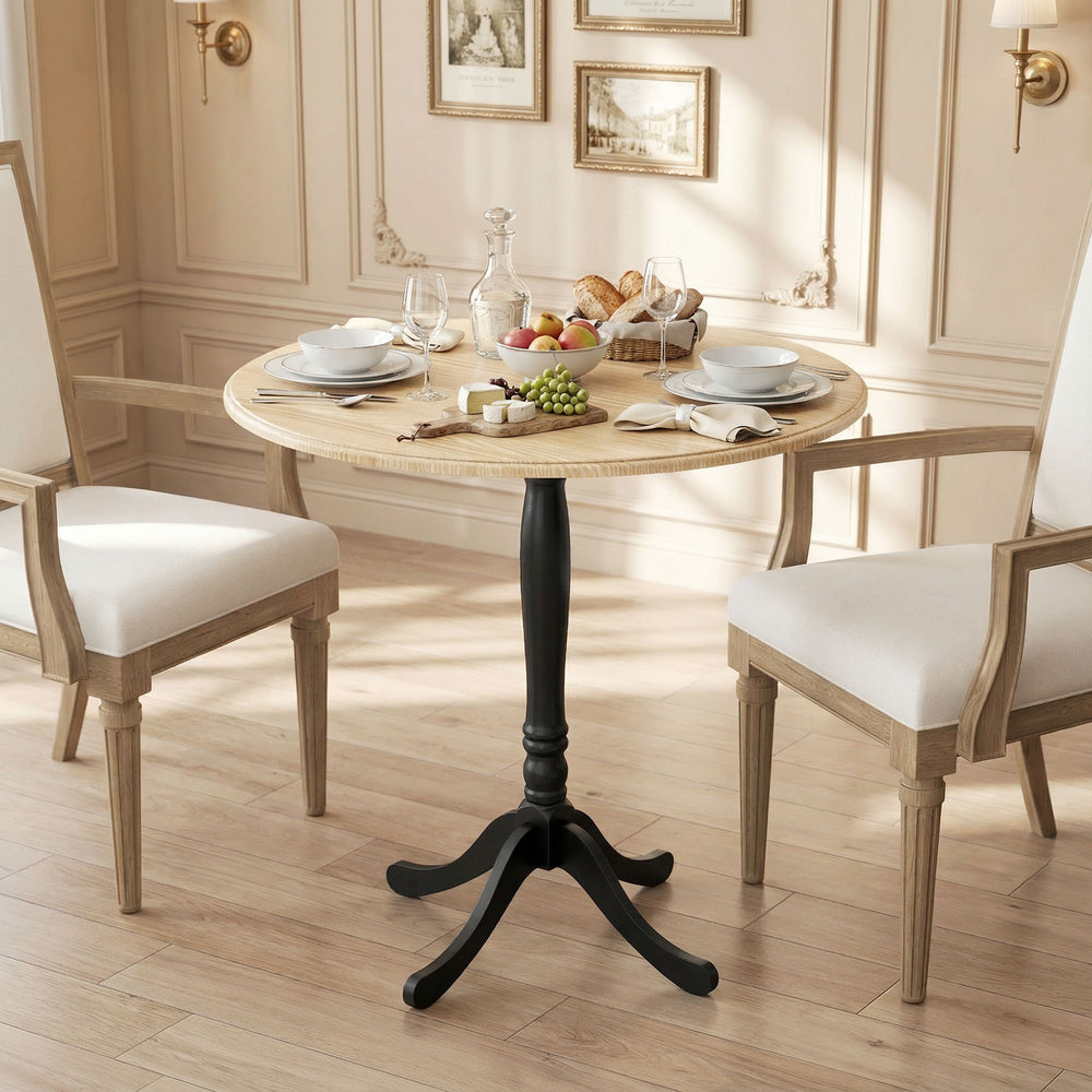 Dining table for 2 to 4 people, modern round with central steel base, 80 cm, natural wood and black