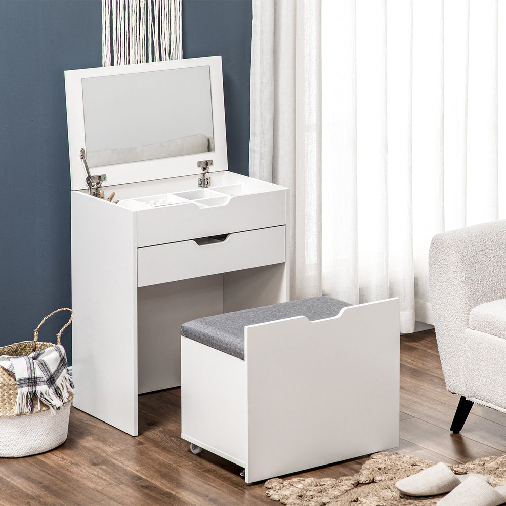 Dressing table set with folding mirror, stool and 7 compartments, white 