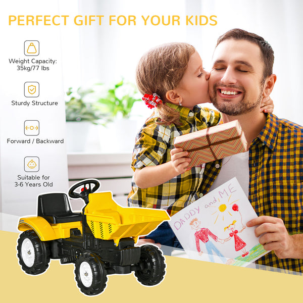 Pedal tractor with hand-operated bucket, yellow