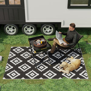 Reversible Outdoor Patio Rug, 6' x 9' Plastic Straw Mat for Garden, Patio, Beach, Camping, Black and White