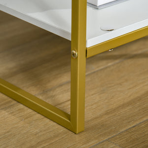 Set of 2 modern bedside tables with drawer and shelf, white and gold