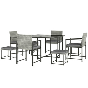 9-Piece Wicker Patio Dining Set with 4 Armchairs, 4 Stools, Tempered Glass Top, Removable Cushions, Light Gray
