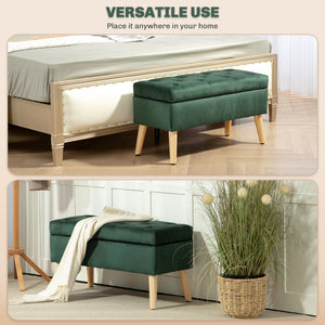 Storage ottoman with velvet upholstered lid and wooden legs, dark green