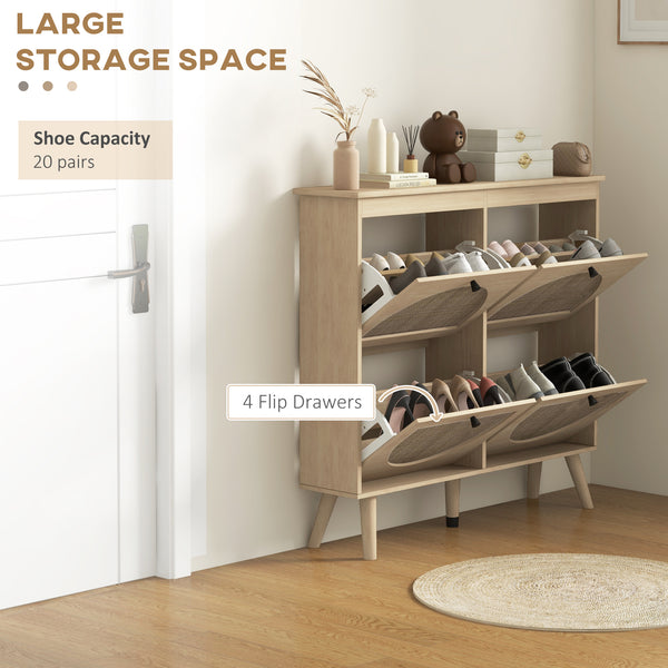 Hallway shoe cabinet with 4 drop-down drawers and adjustable shelves for 20 pairs of shoes, oak