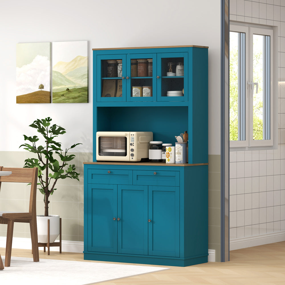 Storage cabinet with microwave space, sideboard with hutch, 2 drawers, adjustable shelves and glass doors, navy blue