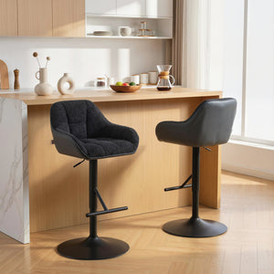 Set of 2 swivel bar stools, counter height, with backrest, footrest, armrests and adjustable height, black.