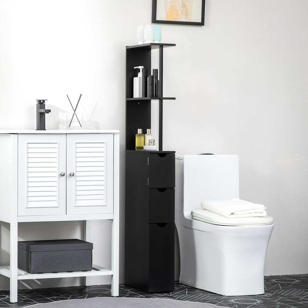 Narrow bathroom storage cabinet with drawers and open shelves for small spaces, black