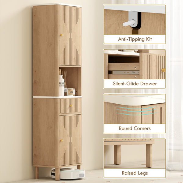 Oak-effect tall bathroom cabinet with 2 cupboards, drawer and open shelf, Oak effect