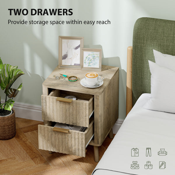 Set of 2 bedside tables with fluted handles and drawers, oak effect