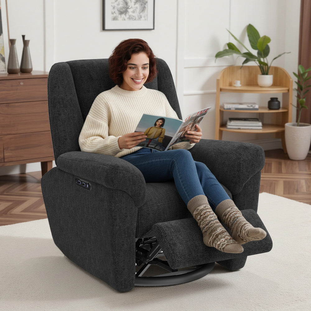 Electric reclining chair, fabric upholstery, USB ports, swivel and rocking function, footrest, black