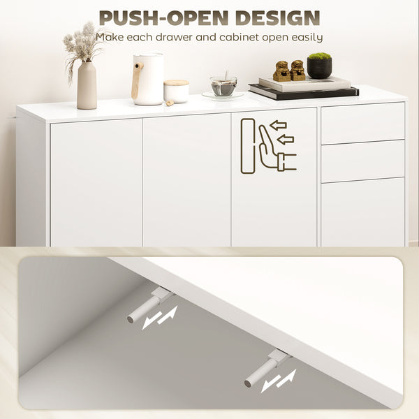 Modern kitchen buffet with push-to-open mechanism, 2 drawers, and shelves, white.