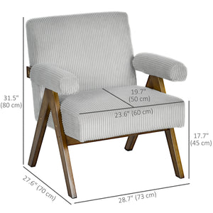Corduroy accent chair with wide seat and padded armrests, light grey