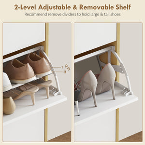 Narrow shoe cabinet, high-gloss finish, with 3 drop-down drawers and adjustable shelves, for 24 pairs, white
