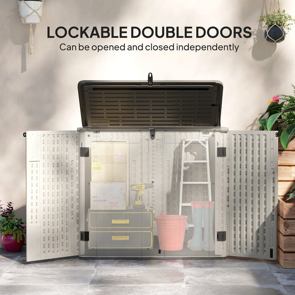 Outdoor storage cabinet with hinged lid and lockable doors