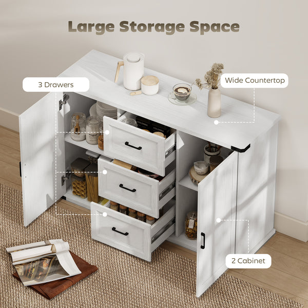 Sideboard with 3 Drawers and 2 Doors, 47" Buffet Cabinet with Adjustable Shelves for Kitchen, White Wood Grain