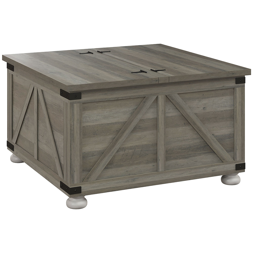 Farmhouse style coffee table with hinged lids, distressed gray