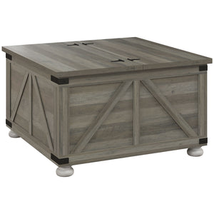 Farmhouse style coffee table with hinged lids, distressed gray