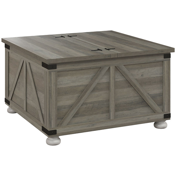 Farmhouse style coffee table with hinged lids, distressed gray
