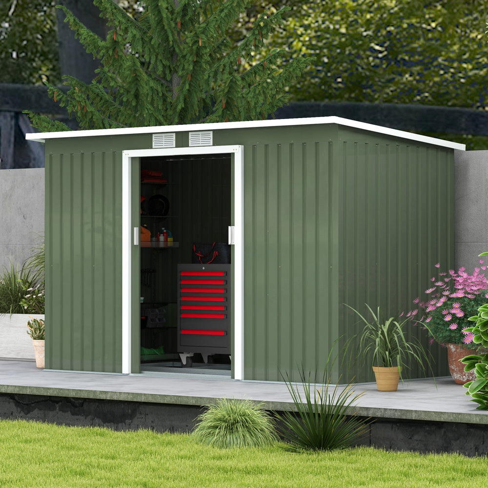 Metal garden shed with foundation kit, ventilation and doors, light green