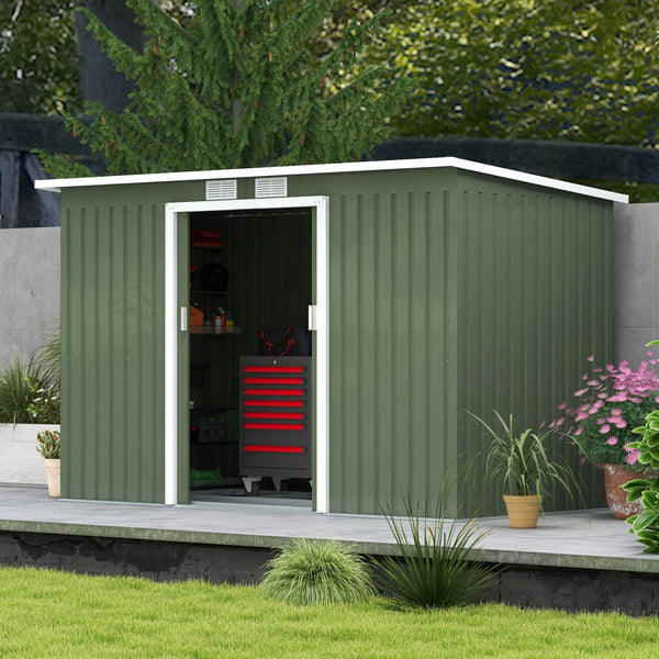 Metal garden shed with foundation kit, ventilation and doors, light green