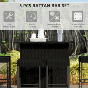 5-Piece Patio Bar Set, Synthetic Rattan Table and High Chairs, with Tempered Glass Top, Black