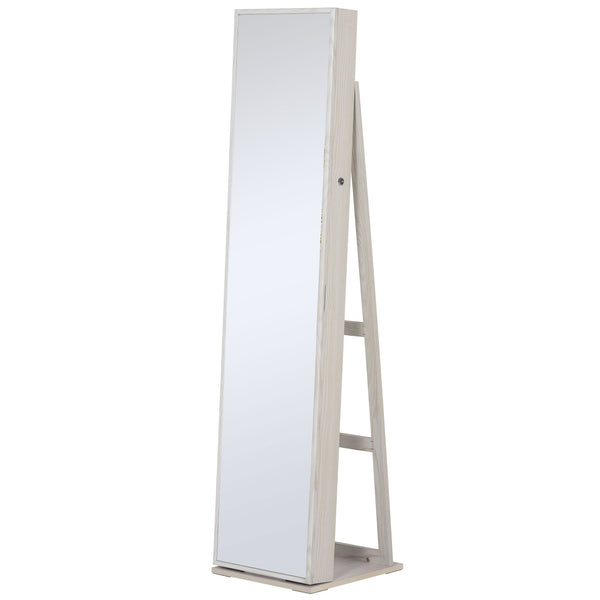 Jewelry cabinet with lockable mirror with LED lighting, white wood