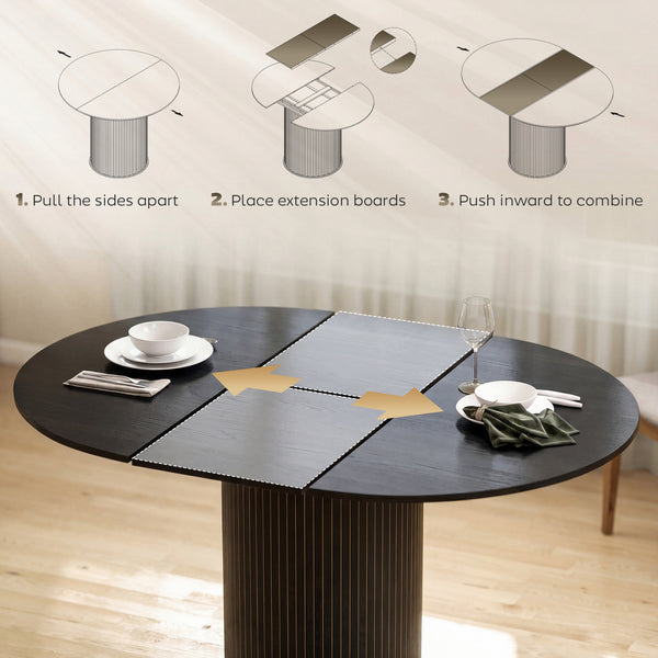 Extendable kitchen table for 6 to 8 people, farmhouse style, with a pedestal base and black wood finish.