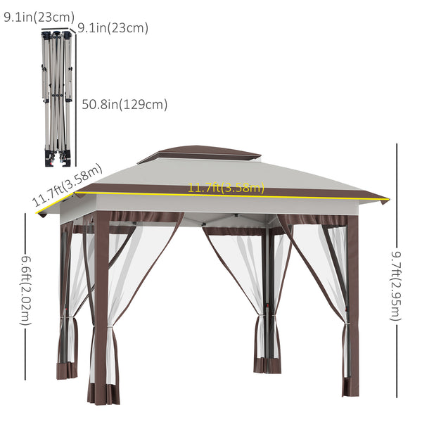 12' x 12' Pop Up Instant Folding Gazebo with Mesh Sidewalls, 3-Level Adjustable Height and Storage Bag, Beige
