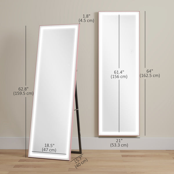 64" LED full-length mirror with adjustable lighting and two-tone white and pink frame