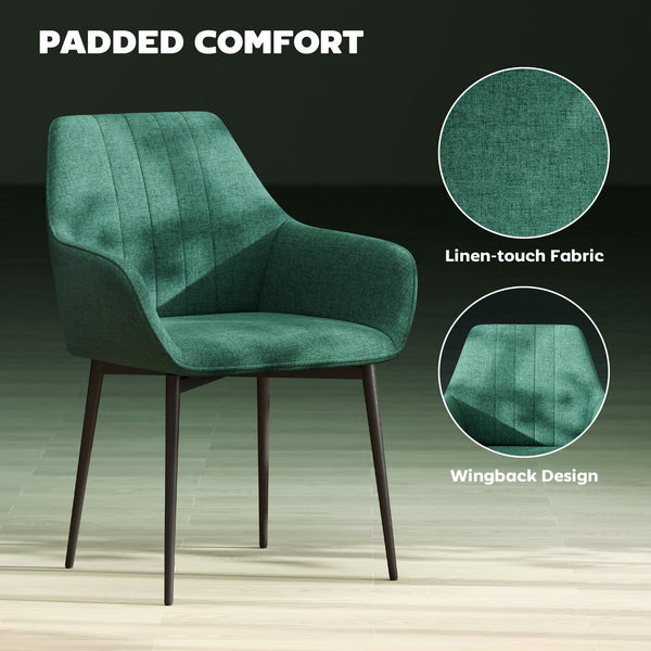 Set of 2 linen chairs with metal legs, dark green