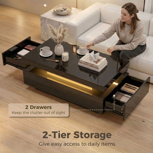 Table basse avec rangement à 2 niveaux et 2 tiroirs pour salon, noir brillant