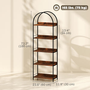 5-tier arched bookshelf with metal frame – Rustic brown and black