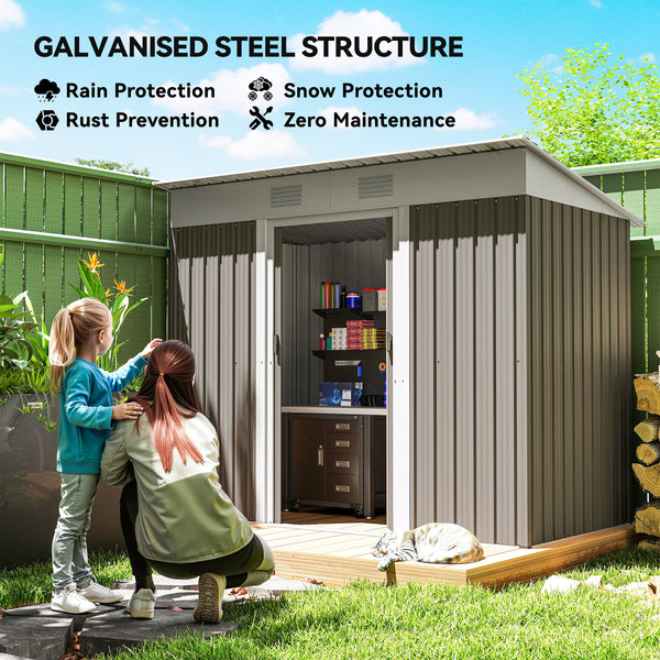 Metal garden shed with lockable sliding doors and ventilation