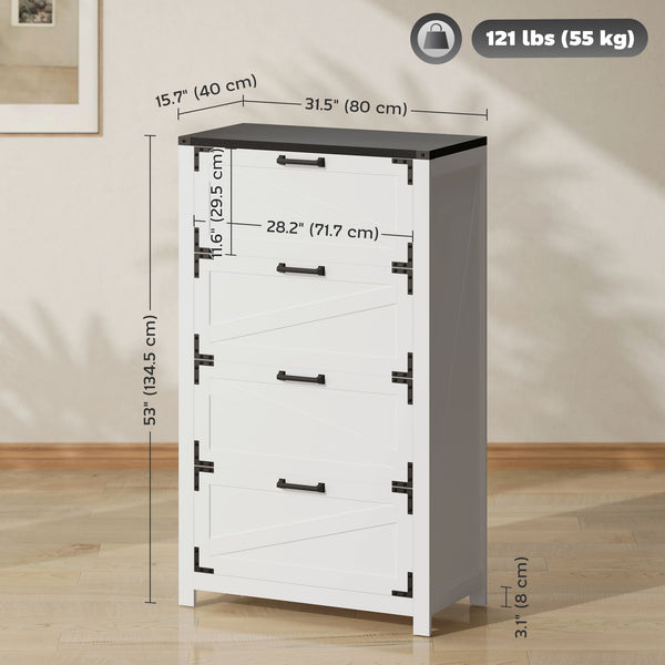 Country Style 4 Drawer Filing Cabinet with Adjustable Hanging Bars for Letter, A4, Legal Size, White