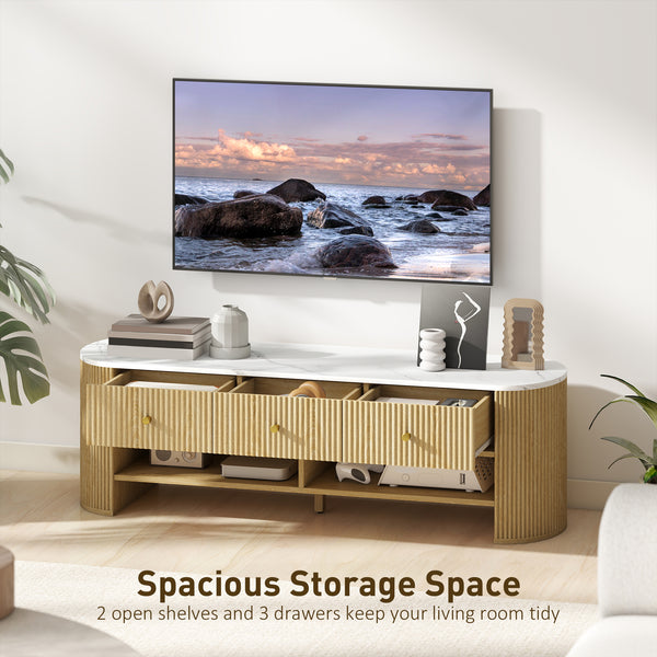 Modern TV cabinet with marble effect top, 3 drawers and 2 open shelves, natural