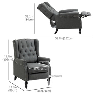 Recliner with ottoman, tufted and rolled arms, dark gray
