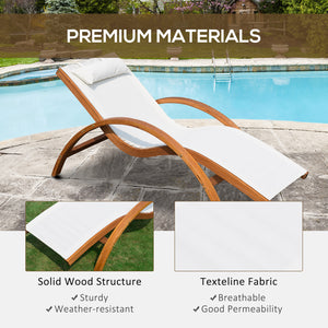 Wooden outdoor reclining lounge chair with headrest and mesh seat, cream.