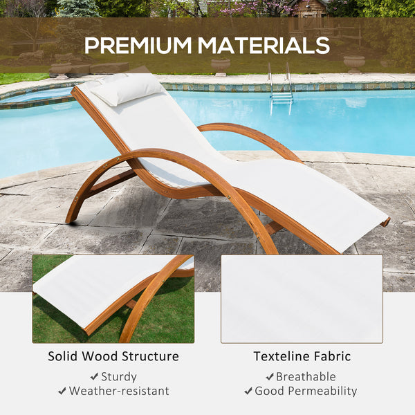 Wooden outdoor reclining lounge chair with headrest and mesh seat, cream.